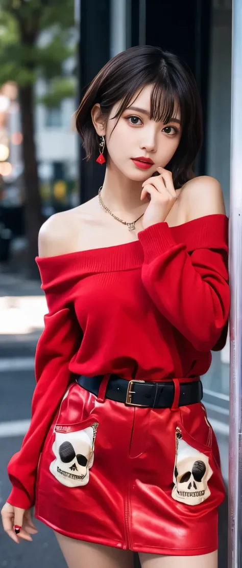 cute punk idol、whole body、good style、、、、、skull print red costume（off shoulder）、、short hair