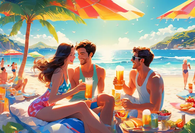 beach,100 people,Men and women in swimsuits,cheers,barbecue,drinking beer,リゾートbeachの背景,summer sunshine,masterpiece,rich colors,highest quality,official art,fantasy,colorful,Happy,smile,,I&#39;looking forward to it,happiness,nice background,Fun time,Sparkli...