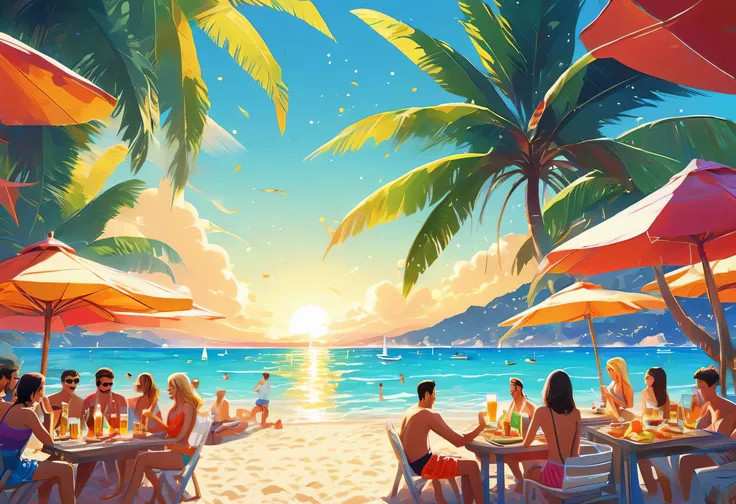 beach,100 people,Men and women in swimsuits,cheers,barbecue,drinking beer,リゾートbeachの背景,summer sunshine,masterpiece,rich colors,highest quality,official art,fantasy,colorful,Happy,smile,,I&#39;looking forward to it,happiness,nice background,Fun time,Sparkli...