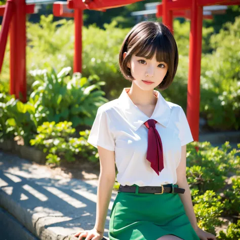 (a girl,green eyes,short white hair,wearing a Y shirt,red tie,short skirt in Japan),oil painting,portraits,vivid colors,soft lighting