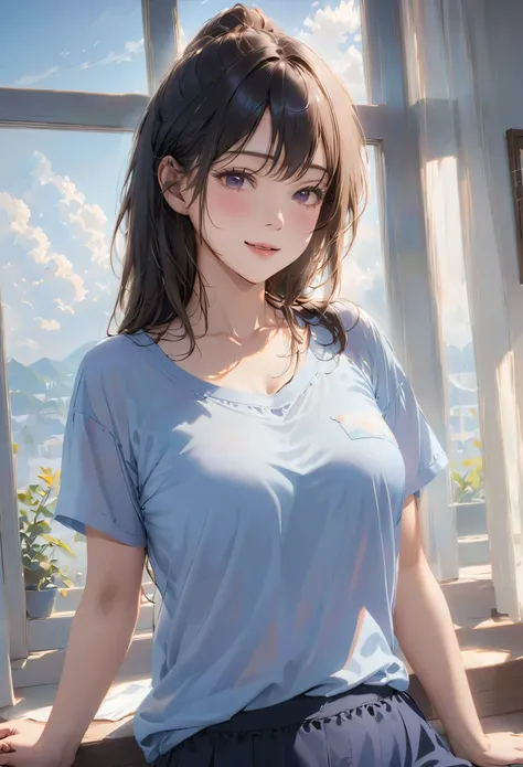 (higher resolution, clearly_image) best quality, a woman, masterpiece, Very detailed, semi-realistic, 21 years old, beautiful, young, Handsome, t-shirt, Lilac shirt, collar around neck, Internal, modern room, window, wake up, morning, blush, smiling