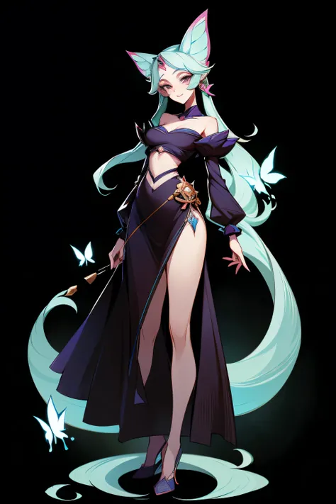 (1 Anthropomorphism of butterflies), (standing full-body), (Full body standing painting), 1 Princess,(standing full-body),solo, long skirt,character design, fanciful, tmasterpiece,top Quority,best qualtiy,ultra high resolution,Exquisite facial features
