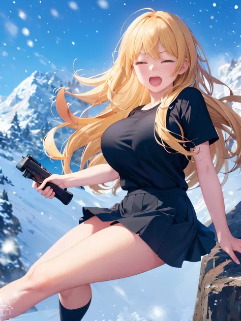 1woman,super beautiful,Falling off a cliff,snowing,Holding a gun, shooting,full body photo,Focus on face,closed eyes, very detailed face, HD face, perfect face,black t-shirt,black mini skirt,Very big breasts,Blonde hair,long hair,wavy hair,bangs, Scream,ul...