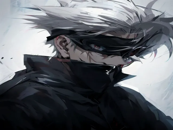 Anime boy with white hair and black glasses looking down, he wears an eye mask, wearing an eye mask, kaneki ken, he has dark gray hair, an edgy teenage assassin, black eye mask, Kaneki Ken, Wearing a black mempo mask, Wearing goggles around neck, （戴eye mas...