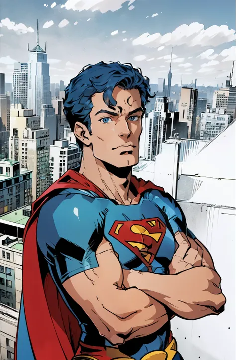 arafed man sitting on a ledge with a city in the background, ((Superman suit)),(blue eyes),90s comic ,Marvel Comics,background is New York citys,professional comic book style, prominent outline linework