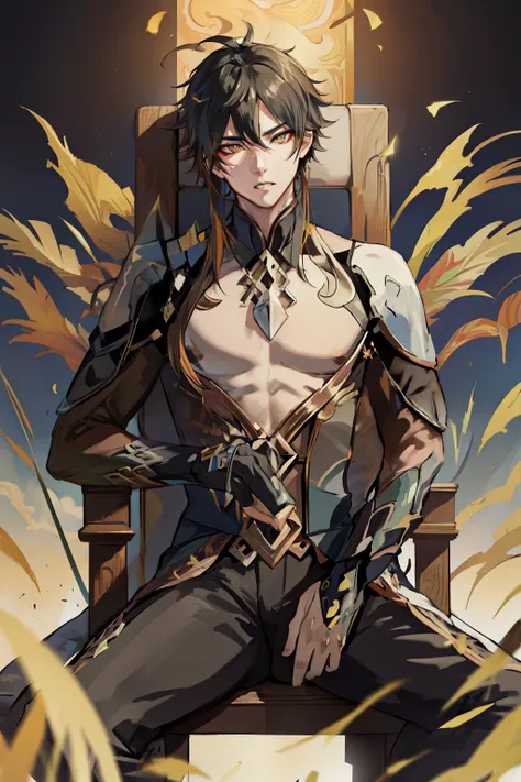 (absurd,high resolution,Ultra-detailed,high dynamic range),frightened expression,young boy,masterpiece,best quality,1 person,solo,Handsome,golden eyes,Exquisite eyes and detailed face,topless,Tattoos are,arms,sit on the throne,cold and arrogant,abdominal m...