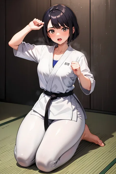 ((masterpiece, highest quality, super detailed, Very detailed 8KCG wallpaper)), 1 girl, alone, big breasts, short hair, black hair, bob, black eye, dougi, martial arts uniform, martial arts belt, black pants, barefoot, dojo, sitting, seiza, nice hands, per...