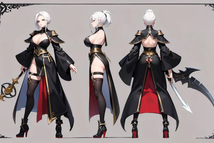 character design sheet，1 female,Profession：swordsman,（ Dungeons & Warriors characters)， white hair, big breasts, complete body，black clothes， luxury，Lots of accessories，3 angle view, （front view, side body view, Back view）