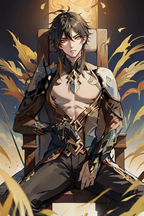 (absurd,high resolution,Super detailed,high dynamic range),scared expression,little boy,masterpiece,best quality,1 person,alone,Handsome,golden eyes,Exquisite eyes and delicate face,topless,tattoo is,arms,sit on the throne,cold and arrogant,abdominal muscl...