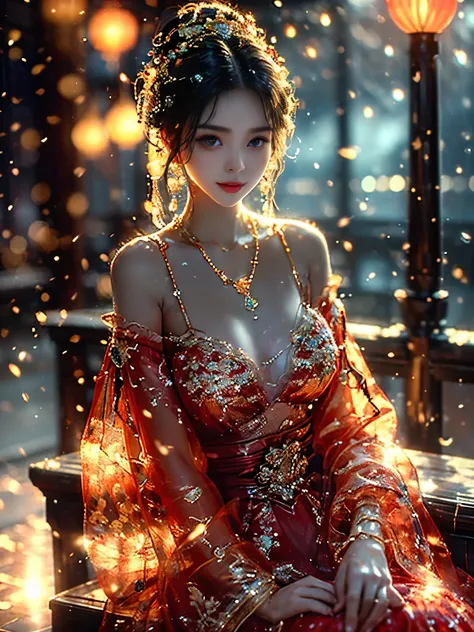 Angel in red, ((Shot from random angles)), ((sitting position)), ((in the classroom, sitting on the podium)), (Yushuxin,1 girl,alone), clear face, pretty face, 8k, masterpiece, original photo, best quality, detail:1.2,lifelike, detail, Very detailed, CG, u...