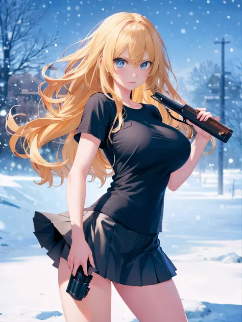 1woman,super beautiful,Standing, angry expression,snowing,Holding a gun, shooting,half body photo,Focus on face,Beautiful eyes, very detailed face, HD face, perfect face,black t-shirt,black mini skirt,Very big breasts,Blonde hair,long hair,wavy hair,bangs,...