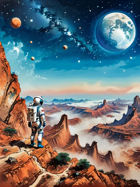 super detailed，chinese ink style，chinese dream landscape，(distant planetary sky，一个穿着未来尖端技术制成的蓝色space suit，mars climbing cliff cl...