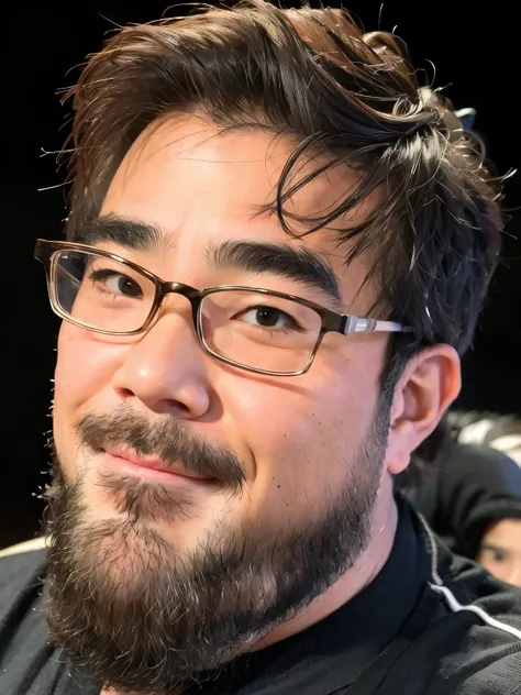 top quality, 1 boy, yosan, glasses, stubble, beard, black shirt, simple background, single eyelid, smile, shaved head