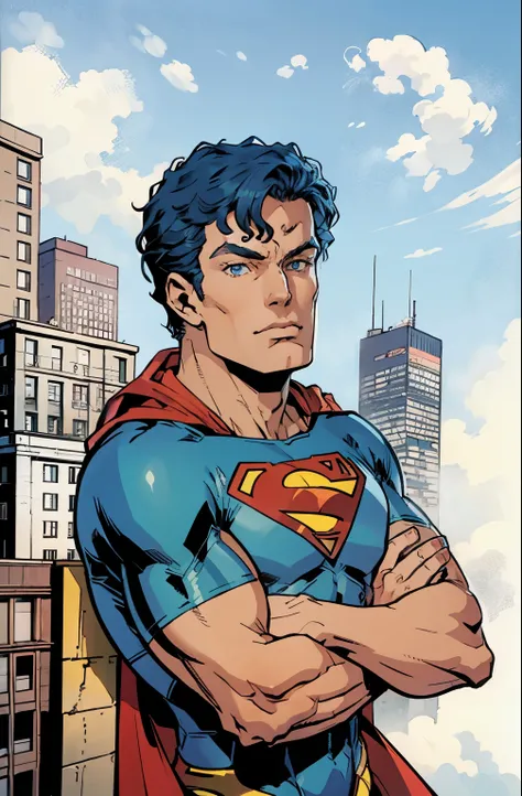 arafed man sitting on a ledge with a city in the background, ((Superman suit)),(blue eyes),90s comic ,Marvel Comics,background is New York citys,professional comic book style, prominent outline linework