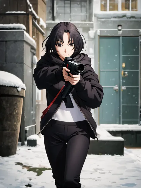 1 girl, dominique de sade,black hoodie, long pants, holding a gun, shooting, aiming at the viewer, at the north pole