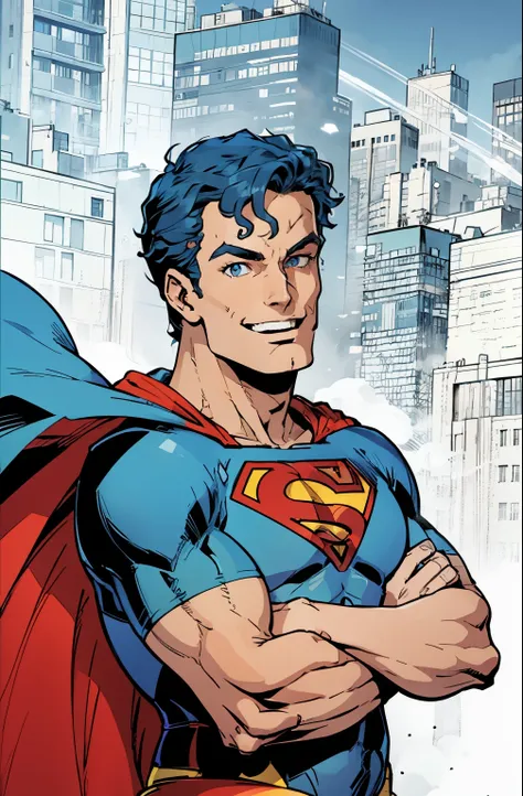 arafed man with a beard and a blue shirt smiling, ((Superman suit)),(blue eyes),90s comic ,Marvel Comics,background is New York citys,professional comic book style, prominent outline linework