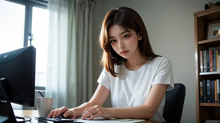 A beautiful woman with her arms folded deep in thought. Dark brown hair. Twenty years old. The location is in an apartment room, with a computer nearby.