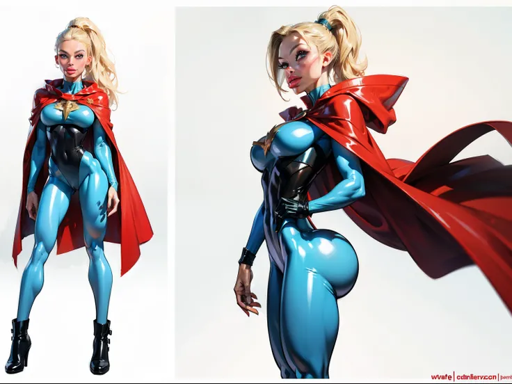 ((masterpiece)),(((best quality))),((character design sheet)), ((full body view)) illustration,1girl, muscular, ((blue bodysuit:1.5)), superhero, (blonde ponytail:1.4), (red cape:1.4) ((detailed face:1.4)) beautiful woman, (red thighhighs:1.3)shiny skin, (...