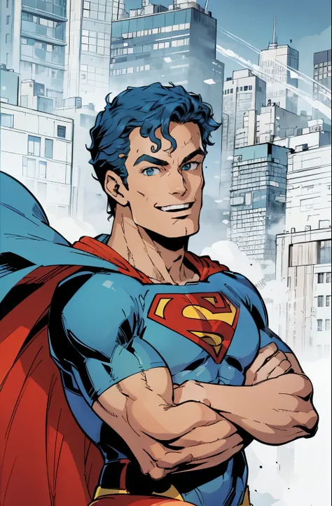 arafed man with a beard and a blue shirt smiling, ((Superman suit)),(blue eyes),90s comic ,Marvel Comics,background is New York citys,professional comic book style, prominent outline linework