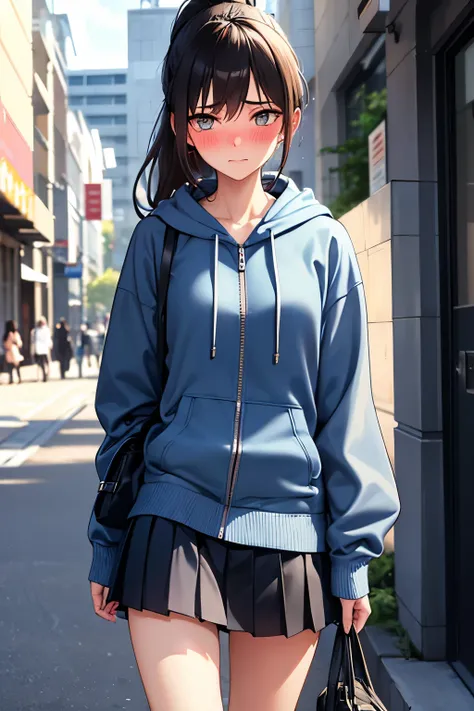 ((best quality)), ((masterpiece)), (detailed), (((perfect face))), ((slender 16yo teenage girl)), (((wearing dark blue pleated skirt and zip light blue hoodie))), ((brunette)), ((ponytail)), (((shy:1.3))) ((blushing:1.5)), ((skinny thighs)), ((skinny hips)...