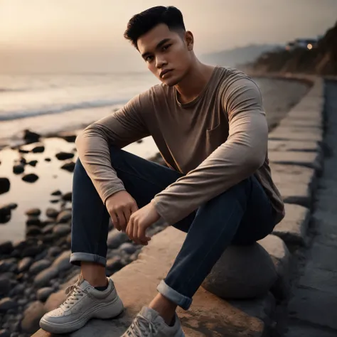 [photorealistic][masterpiece] a young indonesiann boy 30 years old ,round fat face with height 160cm and weight 78kg, hair style short undercut, wear beigde shirt and dark blue jeans with black white sneakers, sitting in a long stone edge of a coast in the...