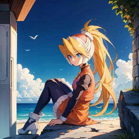 ciel_megamanz, 1girl, solo, long hair, blue eyes, blonde hair, ponytail, headgear, masterpiece, high quality, overlooking the oc...