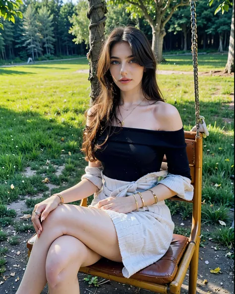 Alessia Bianchi, 20 year old italian woman, black hair, ((blue eyes)), an elegant off-the-shoulder heavy woolen dress, sitting on a thread swing, between two trees, forest.