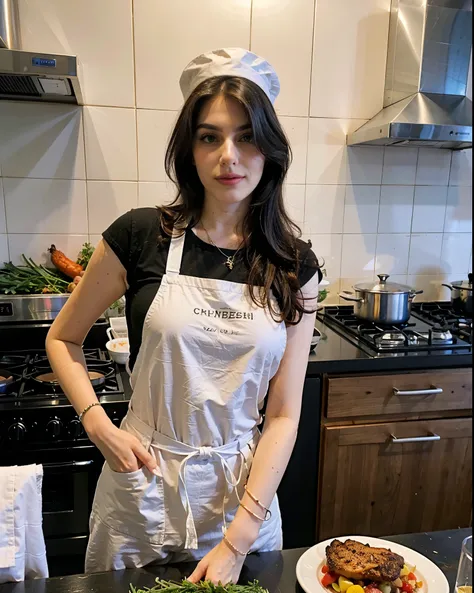 Alessia Bianchi, 20 year old italian woman, black hair, blue eye, wearing apron, in kitchen, chef hat.