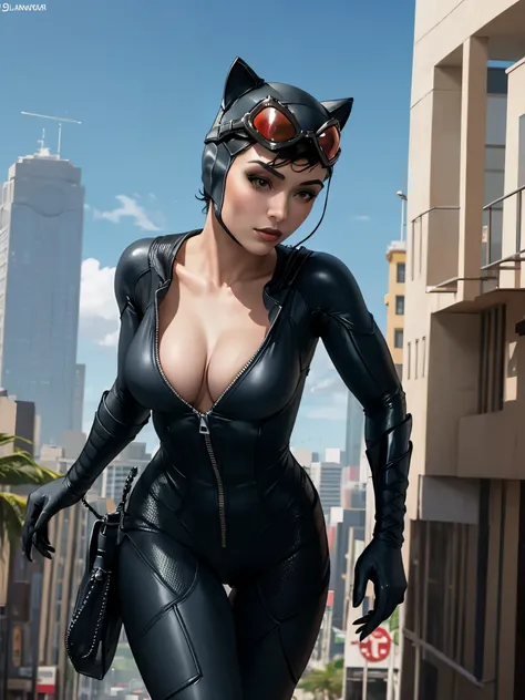 (masterpiece, best quality:1.2), giantess, catwoman, 1girl, solo, looking at viewer, bodysuit, goggles on headwear, helmet, cat ears, cleavage, tight, walking in Hawaii