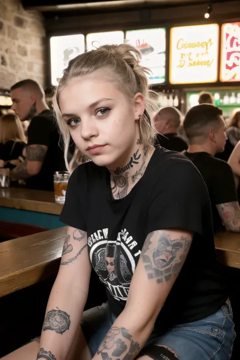 coarse-grained, raw street photography, schlichte, saubere, erdige junge Hackerin, black punk t-shirt, Tattoos on her arm, Ich sitze in einem belebten, crowded street bar, Aufgenommen mit Canon EOS 5D Mark IV 