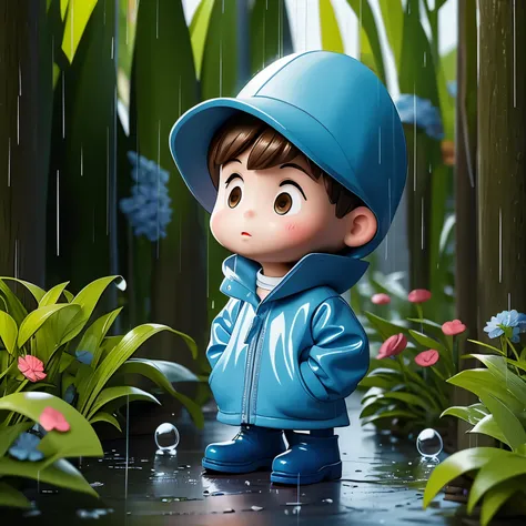 (masterpiece, best quality:1.2),micro landscape，outdoor on the grass，rainy day，1 miniature cartoon character, alone， hands in po...