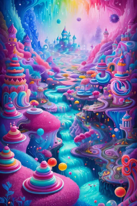 A fantastical Candyland scene brought to life through Selina Klimenkos magical fantasy ink illustration, filled with vibrant and whimsical colors, mood-lifting and enchanting atmosphere, intricately detailed candy mountains, shimmering waterfalls, and deli...