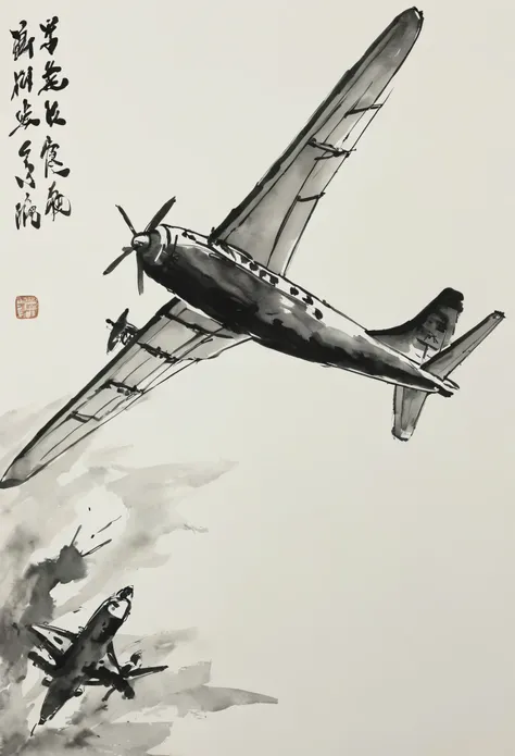 ，airplane，There is also a lot of white space，Chinese traditional ink painting，black and white，Simple style，Impressionist and surrealist styles，Complex details，8k，ultra high definition，-- -- - 16:9