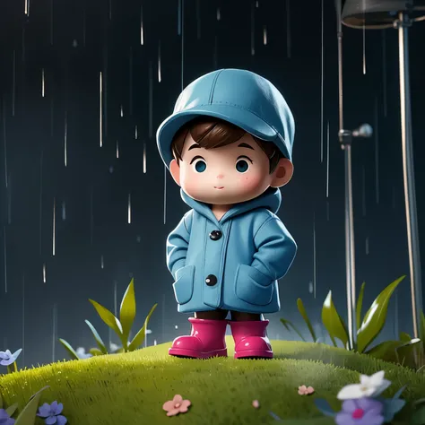 (masterpiece, best quality:1.2),micro landscape，outdoor on the grass，rainy day，1 miniature cartoon character, alone， hands in po...