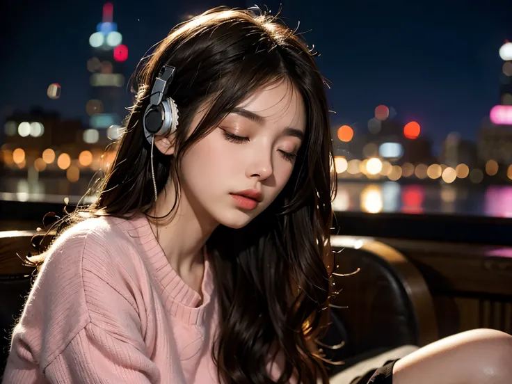 A beautiful girl, wavy hairstyle, japanese, wearing headphones, close her eyes (enjoying the music), wearing a pink sweater oversize, sitting, night, front side camera, cinematic, ultra-detailed, 4k, UHD