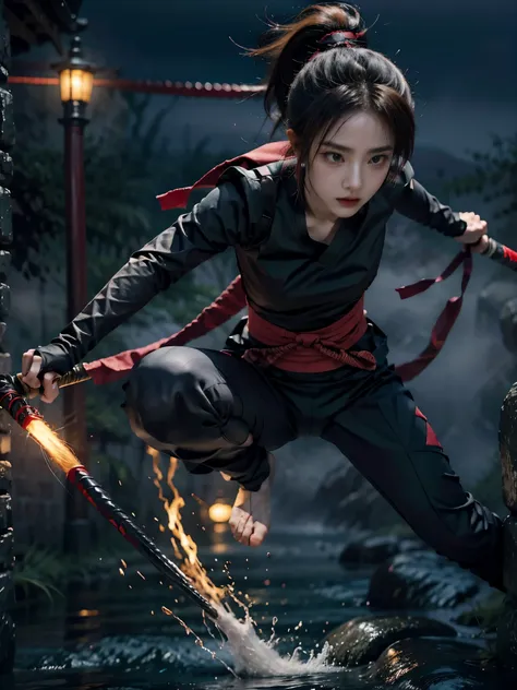 beautiful girl fused with a spider. kunoichi. ninja woman. female solo,holding a katana,jumping,attack