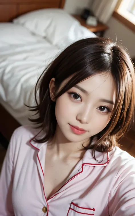 Japanese cute 21 year old、bedroom、pajamas、Attention to detail、double eyelid、Beautiful thin nose、sharp focus:1.2、beautiful woman:1.4、(light brown hair、short hair、)、pure white skin、highest quality、masterpiece、 超High resolution、(Photoreal:1.4)、High resolution...