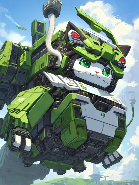 unorganized solution, High resolution, (masterpiece: 1.3), hyper detail, Mecha, (((cute cat design))),Green armor, floating in the sky (1.8) Against the background of blue sky and white clouds