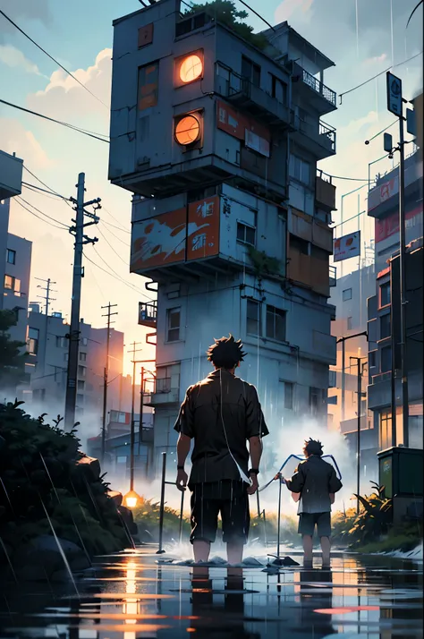 1boy,Mans ,a wet body、Anime-style protagonist、Cyberpunk Boy、The beginning of the adventure、(drenching:2)、Lots of clouds、Chaotic city of the future、ruined and devastated city、Very complex Japan buildings、railroad crossing、Trees、Blue lighting,Lots of puddles...