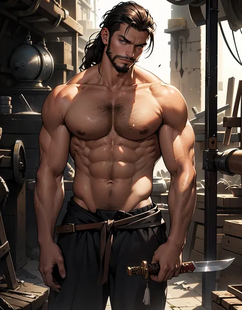 Best quality, masterpiece, expressionless,ultra high res,detailed background,realistic, real shadow and light,depth of field, one man, solo, Muscular, Topless, Sexybody, Sixpack, Bad Guy, Forging, blacksmith, forge a sword. Facial hair, beard, sexy body ha...