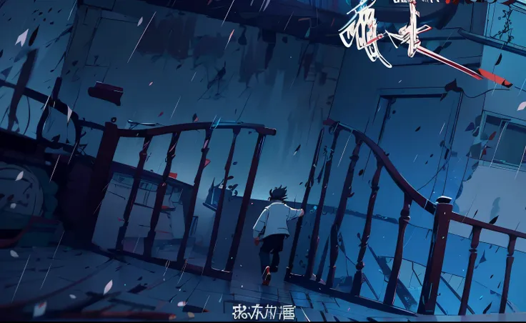 Animation scene of a person walking down the stairs in the rain, Madhouse studio anime style, Cai Xukun, incredible animated movie scene, Random background scene, animated movie scene, red line animated movie style, Chiba Yudai, Still from an animated horr...