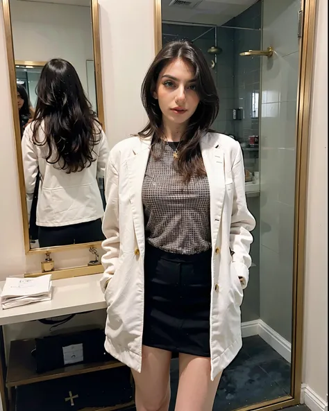 Alessia Bianchi, 20 year old italian woman, black hair, blue eyes, in a white dressing room, wearing black coat, black and white checked shirt, mini skirt black, stalkings, holding purse, wearing heels black, full body picture