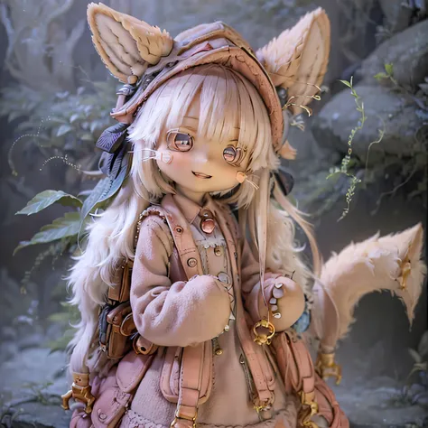 in a garden, a girl with a smile on her face, resembling nanachi from made in abyss. she has beautiful, detailed eyes and lips. ...