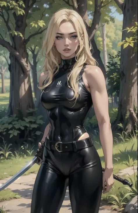 blond woman in black outfit holding a sword in a wooded area, black canary, a sexy blonde warrior, skintight black clothes, waist - shot, wearing black tight clothing, wearing a black bodysuit, misa amane *, amouranth, skintight black bodysuit,  carrying a...