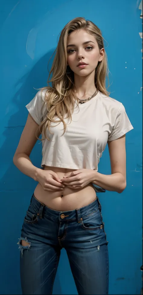 um close de uma mulher de camisa branca e jeans, a menor barriga de todos os tempos, usando um top cropped sexy, foto de modelo ...