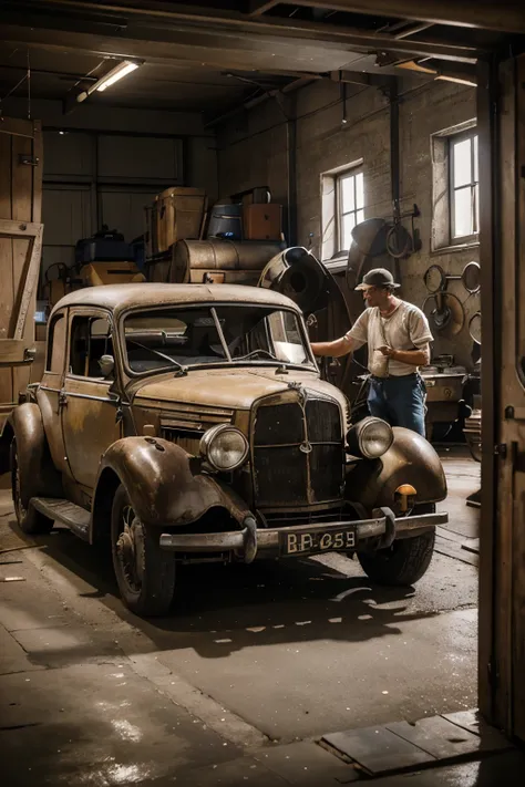 (exterior view of an old european workshop mechanic of old cars. The large door is open and we can see a mechanic working in a classic car inside) detailed background, highres, ultra-detailed,realistic,studio lighting,professional,vivid colors,portrait,neu...