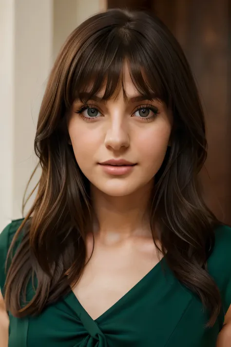 1 girl 24 years old, only, long hair, the average size , Looking at the viewer, dark brown hair, bang, bare shoulders, Green eyes, Jewelry, whole body, necklace, from the shoulder, dress, lips, Realistic, nose, flirting with the camera