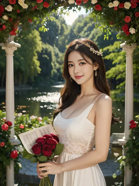 Female singer holding sheet music in both hands,Giorgione painting style,roses in vase、fruits、Cute trinkets、smile、ancient greek costume、Background is a forest lake at night 、Clothes that stretch your shoulders、A big smile、beautiful bare skin,