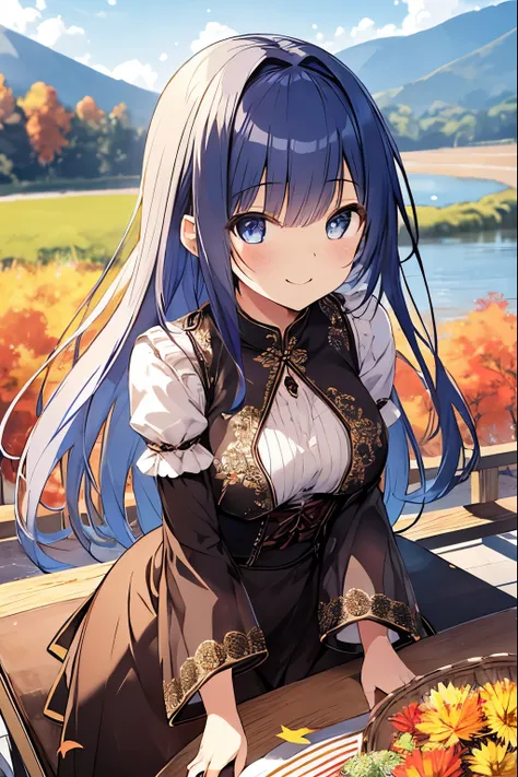 table top, highest quality,figure, wallpaper, Super detailed, absurd beauty, 1 beautiful girl、bright hair color、sparkling big eyes、hair blowing in the wind、plump breasts、♡、small head、autumn landscape、naughty smile