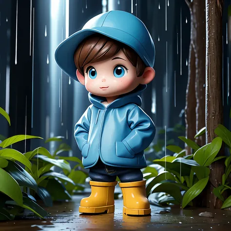 (masterpiece, best quality:1.2),in the forest，rainy day，1 miniature cartoon character, alone， hands in pockets，wearing hat and r...